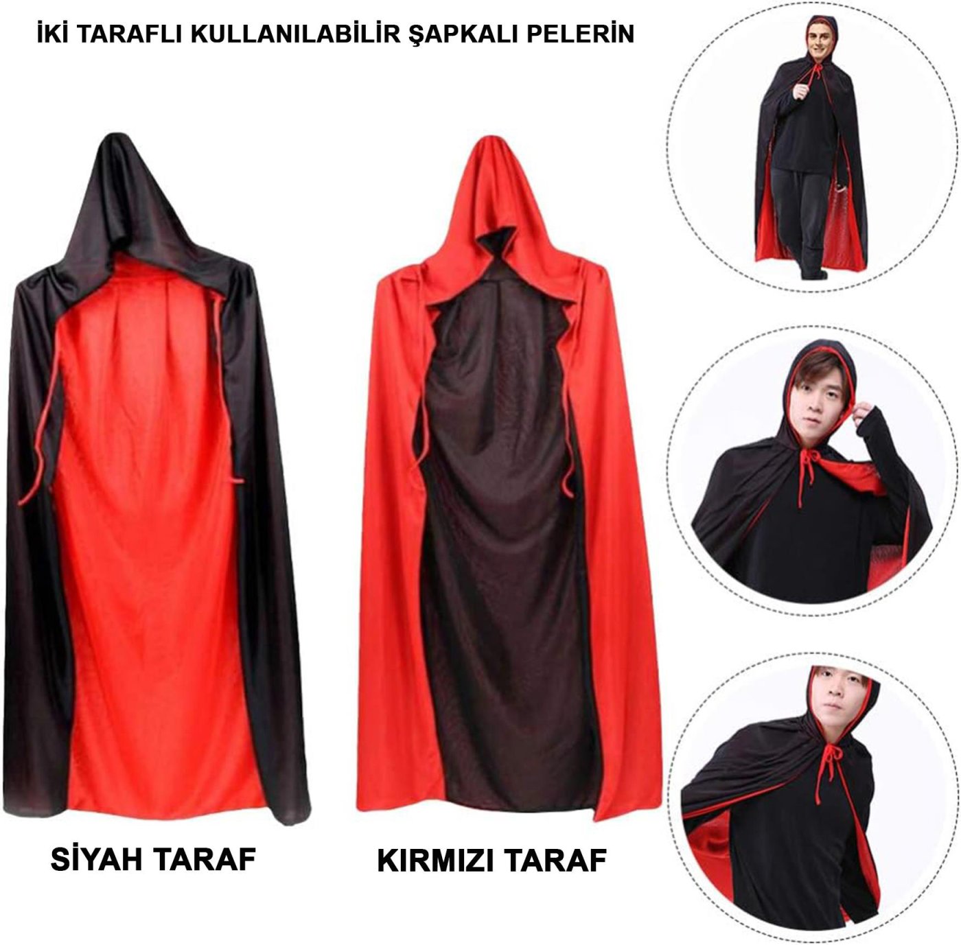 Halloween Kostüm Pelerin 150cm (Çift Taraflı - Kapüşonlu)